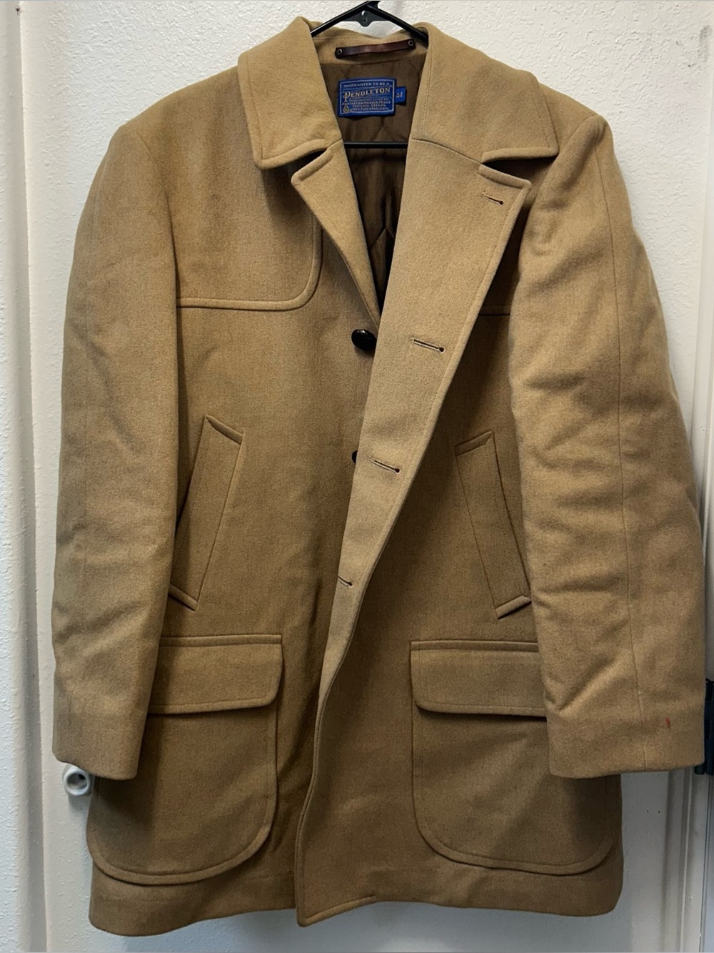 Vintage PENDLETON Overcoat WOOL Mens L Tan Camel Size 44 Missing Button